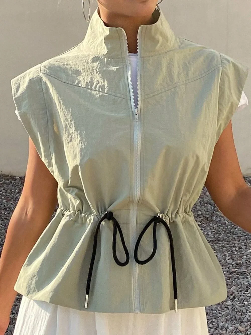 Green Casual Women's Loose Drawstring Waist High Neck Sleeveless Jacket